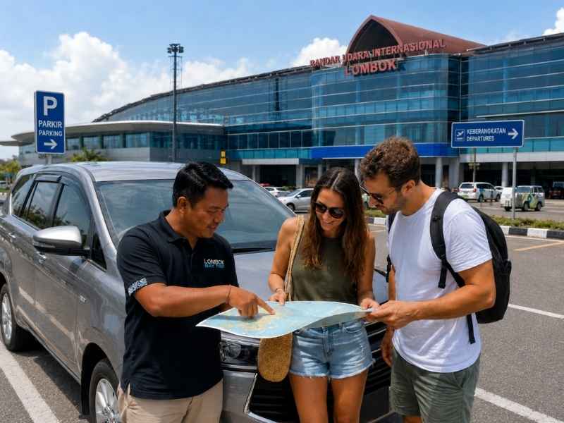 Tourists planning Lombok itinerary with driver