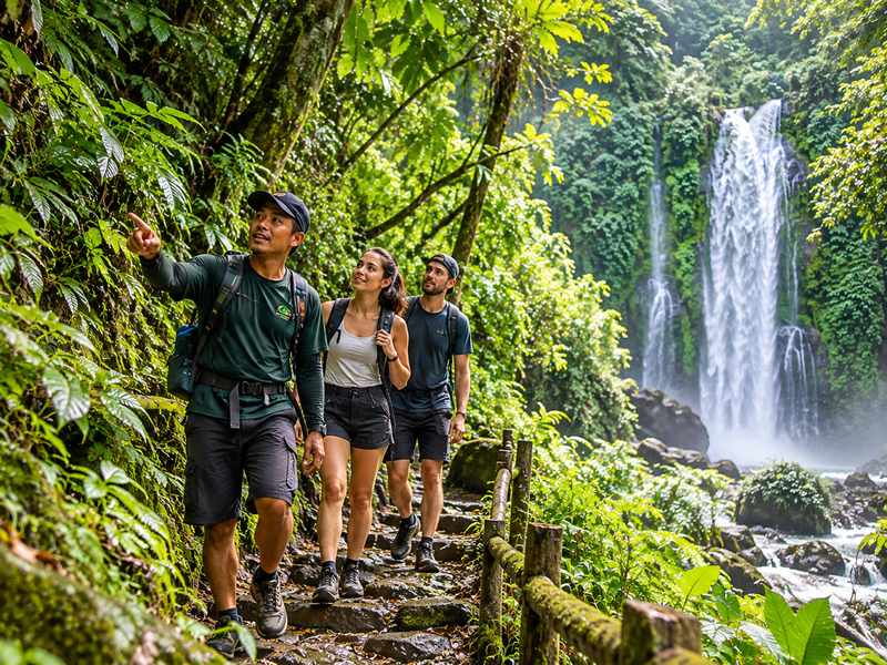 Sendang Gile waterfall local guide on a green forest trail