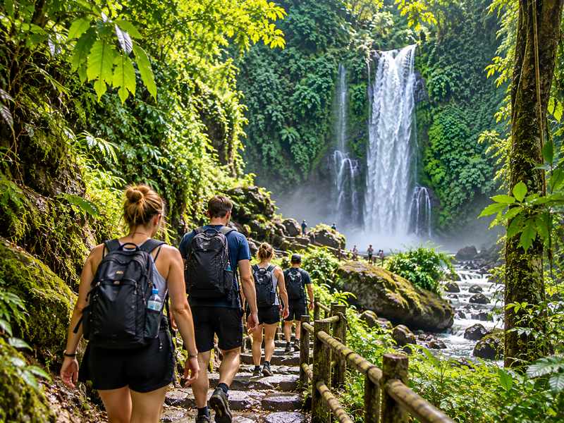 Visitors walking toward Sendang Gile waterfall in North Lombok