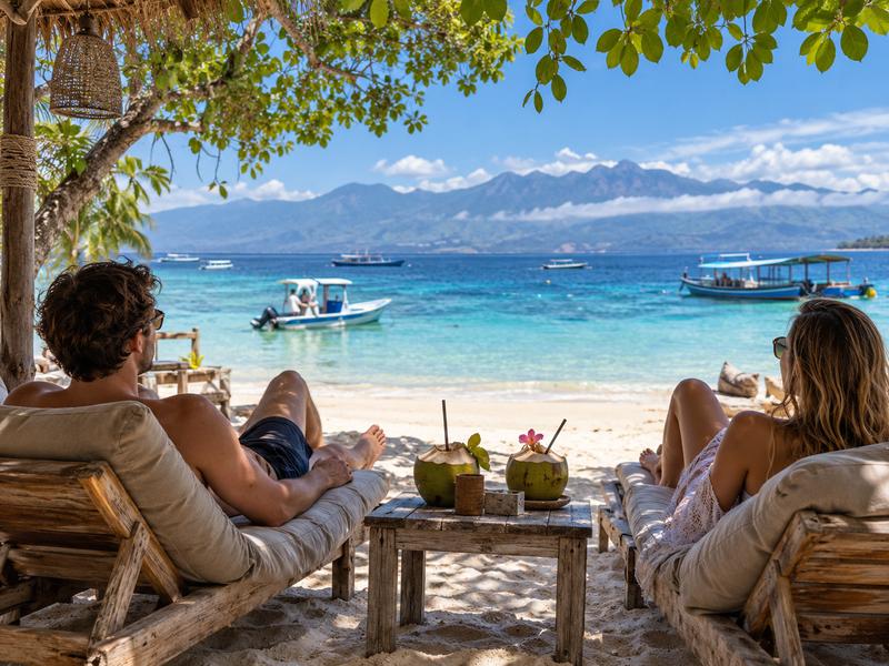 Travelers relaxing by the beach on Gili Trawangan