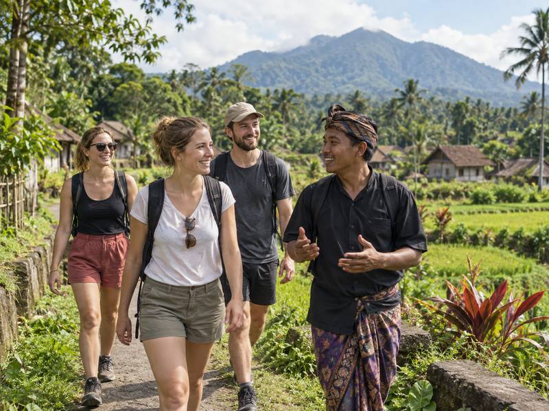 travelers enjoying a relaxed countryside walk with a local Tetebatu guide