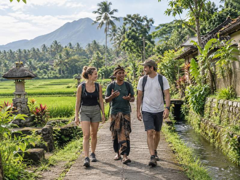 tetebatu fun trip guide accompanying visitors along a quiet village path