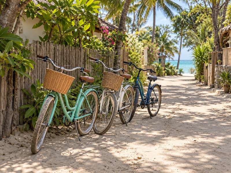 Bicycles parked beside a sandy lane on Gili Trawangan