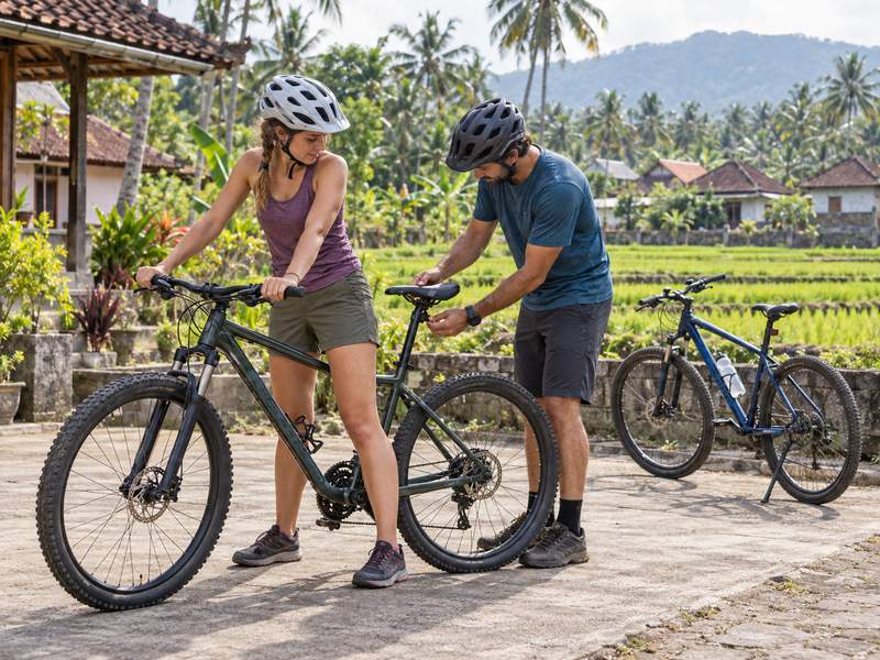 Couple checking bicycle fit before a countryside ride in Lombok