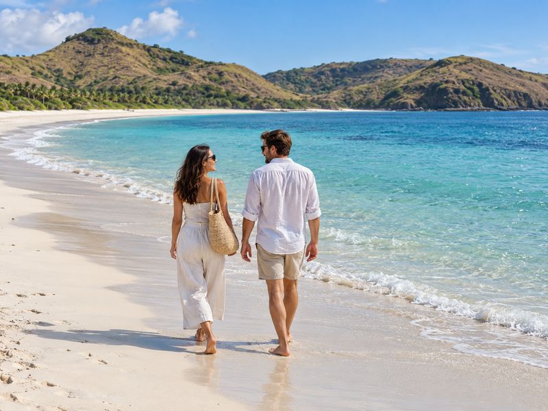 Couple walking along Tanjung Aan Beach in Lombok