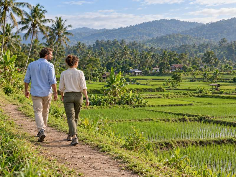 Couple walking beside rice fields in Tetebatu