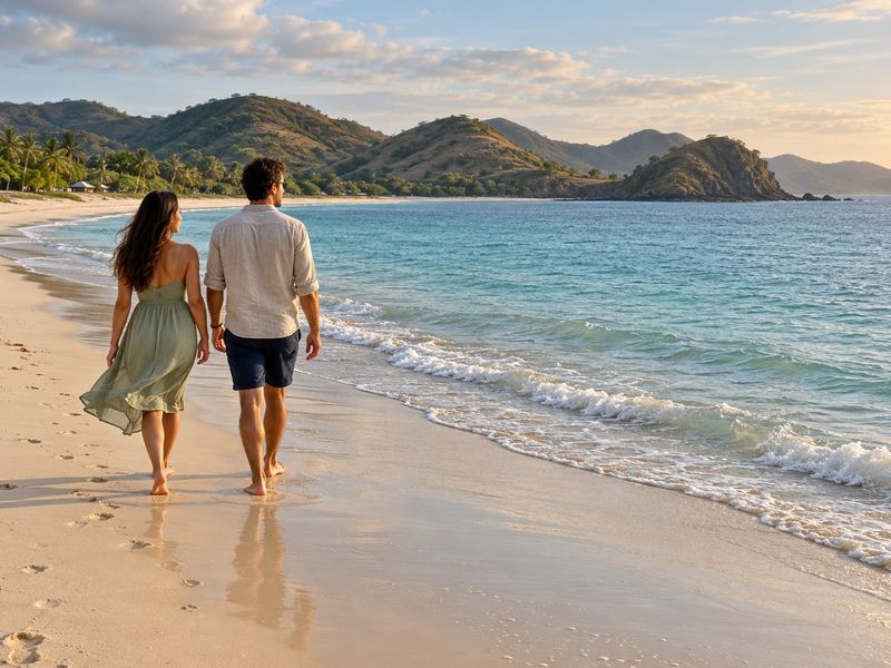 Couple walking beside the water at Kuta Lombok