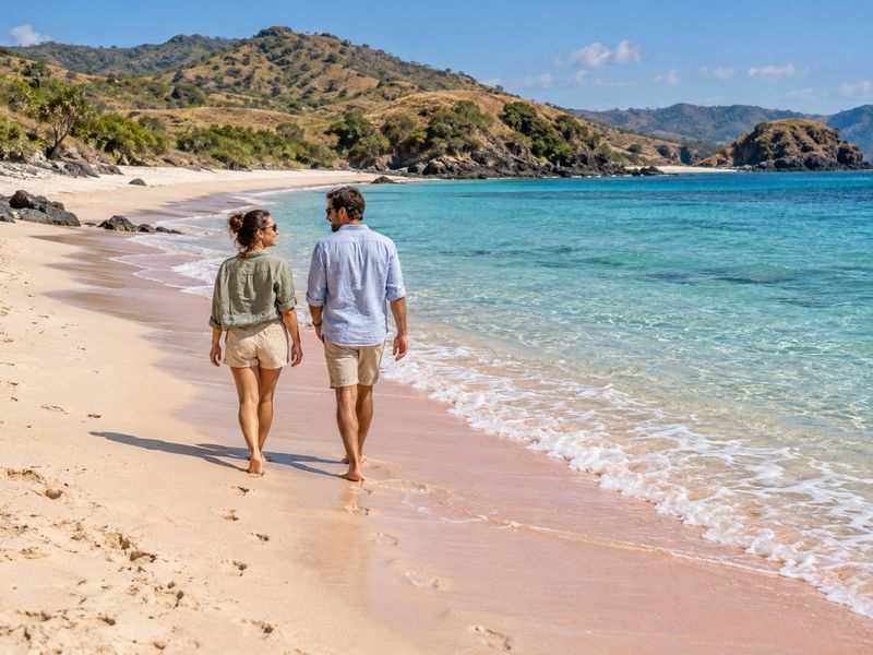 Couple walking beside the water at Tangsi Beach Lombok