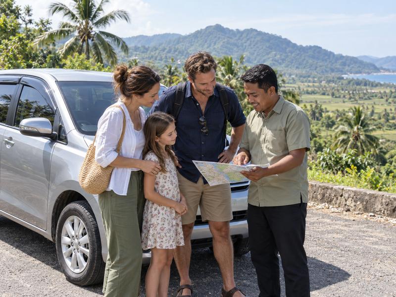 Family discussing a private day trip route with a local driver