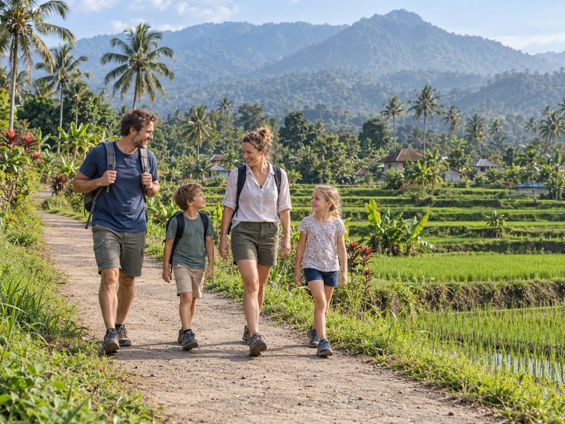 Family enjoying a relaxed walk through the Tetebatu countryside