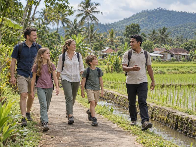 Family walking through the countryside with a local Tetebatu guide
