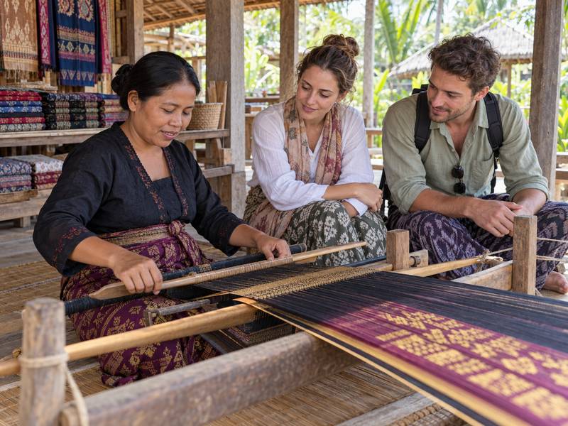 Local artisan demonstrating traditional weaving to visitors in Lombok