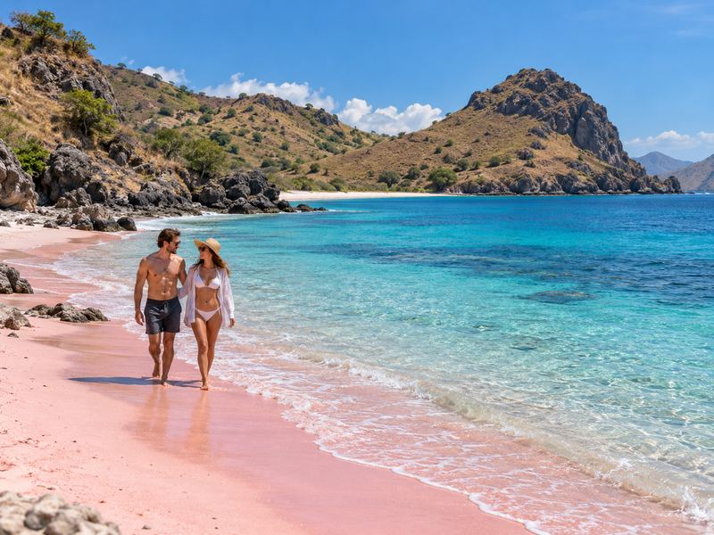 Quiet tropical shoreline and rugged coastal hills surrounding Tangsi Beach in East Lombok