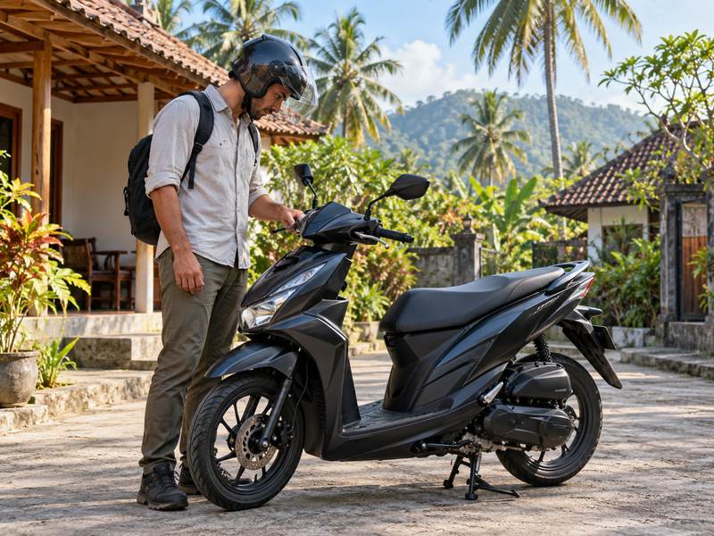 download dalam bentuk file jpg dengan berat di bawah 100kb. dengan nama file Rider inspecting a parked scooter before exploring Lombok, cukup spasi dan tanpa tanda baca yang lain