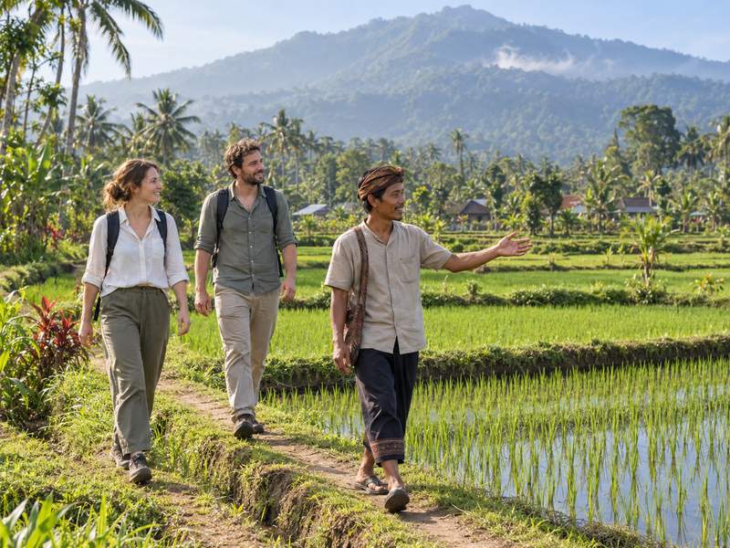 Travellers enjoying a rice field walk with a local guide in Tetebatu
