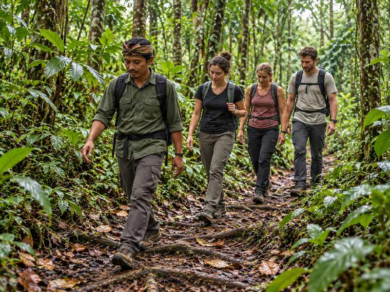 three tuorist with local guide in Tetebatu