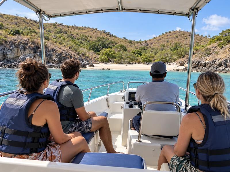 Travelers approaching the southeast Lombok coastline by boat