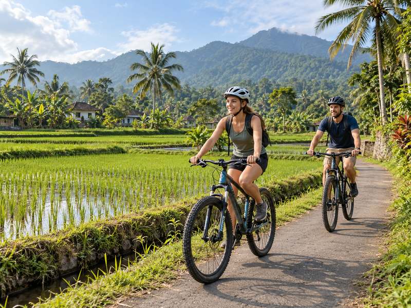 Travelers cycling beside rice fields in Tetebatu