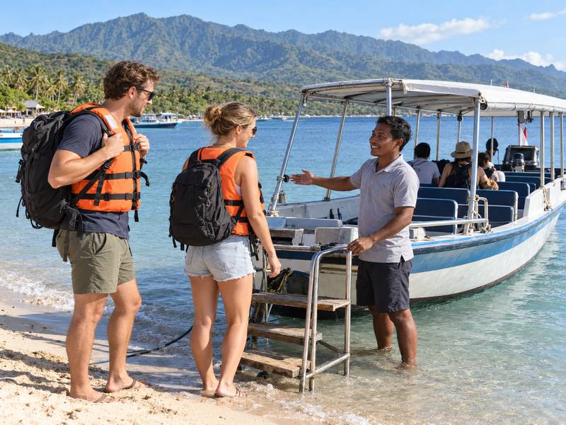Travelers preparing for a Gili Trawangan boat trip