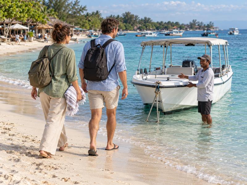 Travelers returning to their boat on Gili Trawangan