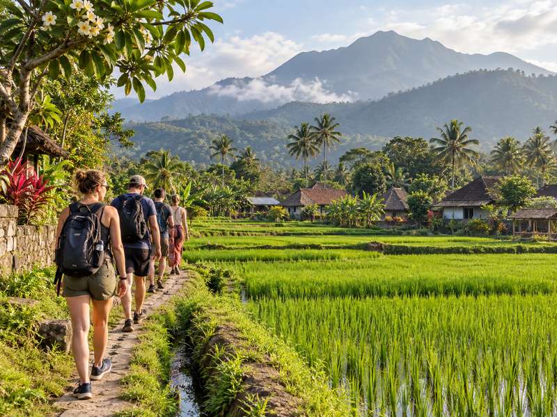 Travelers walking beside rice fields in rural Lombok