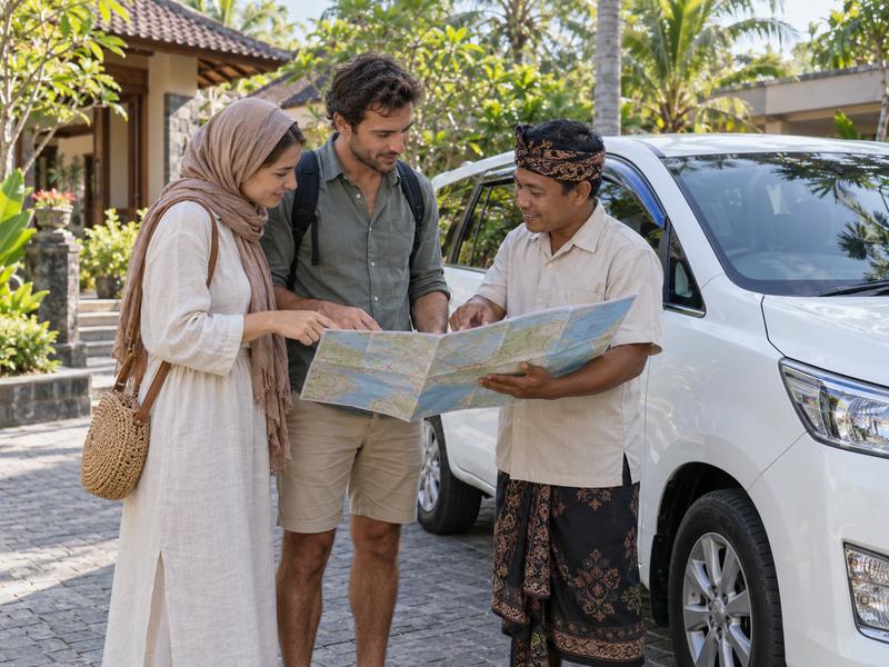 Travellers discussing a private Lombok route