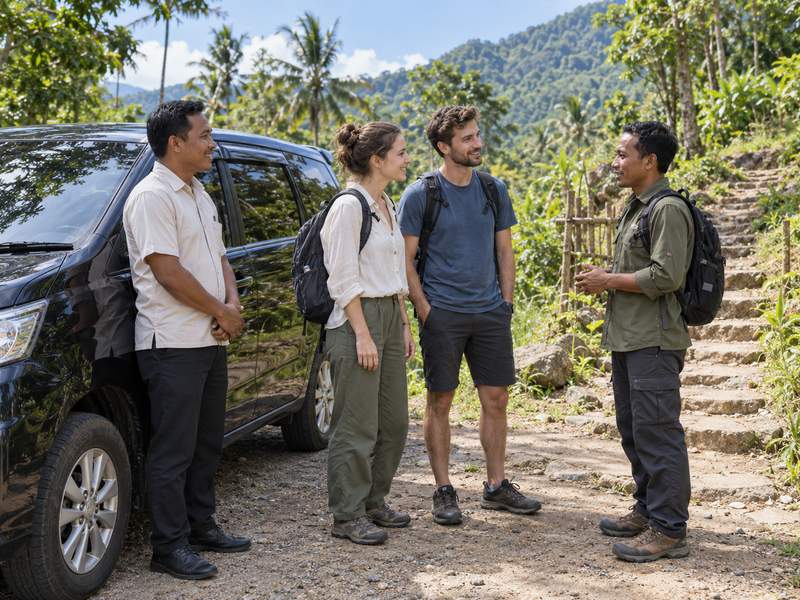 Travellers meet a local guide in Lombok