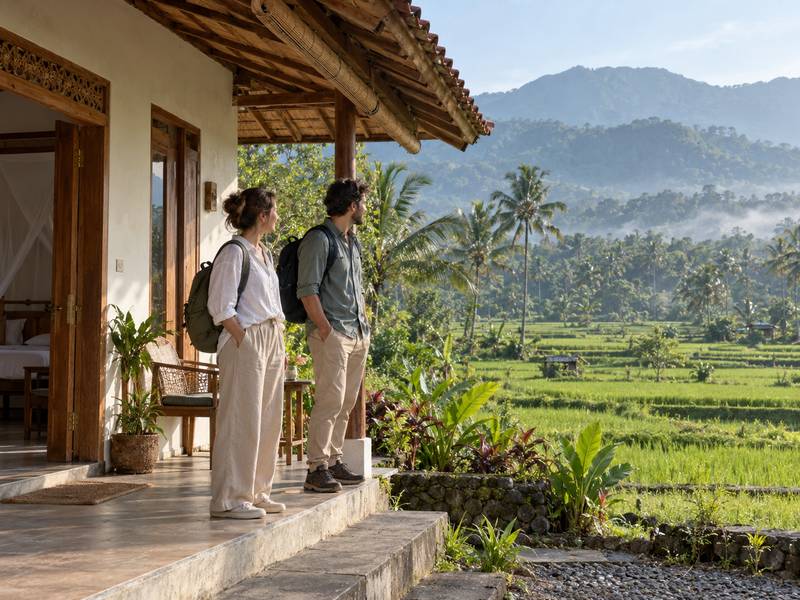 Travellers outside Tetebatu guesthouse