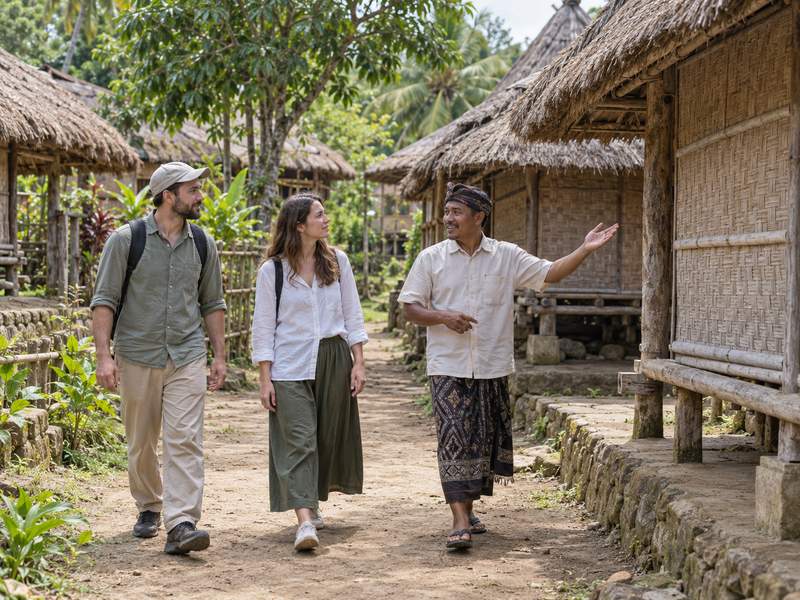 Visitors wearing modest clothing in a Sasak village