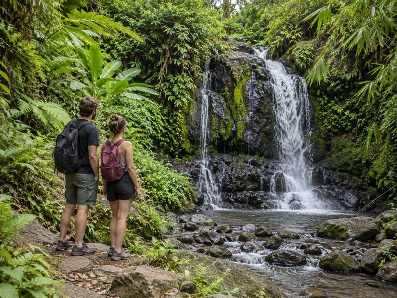 Waterfall surrounded by tropical greenery near Tetebatu village