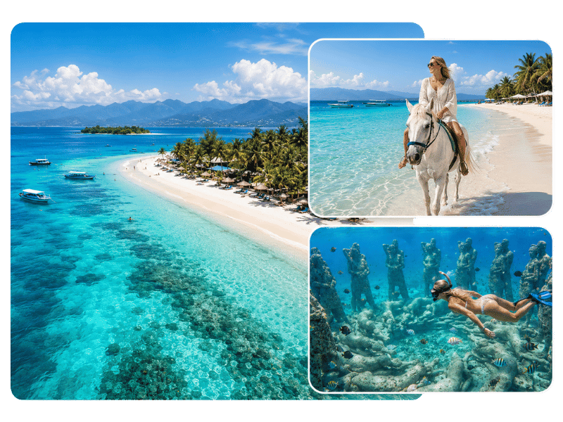 Gili Trawangan day trip with beach, horse riding, and snorkeling experience